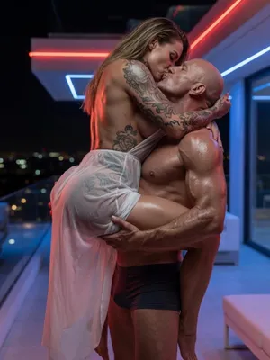 #Tetování #Blondýnky #Krásný Holky #Páry #Líbání #Svaly #Venku #Žhavé #Sexy #Potetované Holky #Neon Lighting #Balcony Scene
