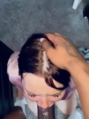 Beautiful teen brunette gets a mouthful of BBC. Cumshot surprise after deepthroat.