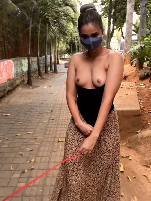Caught strutting mask on, tits out, with my puppy. Love some public flashing! Dare me for more, pervs?