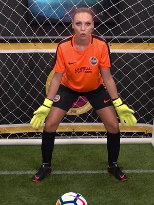 This luscious vixen is cocking her leg to knock the fuck out of that soccer ball. Guess her pussy ain’t the only thing she’s good at handling.